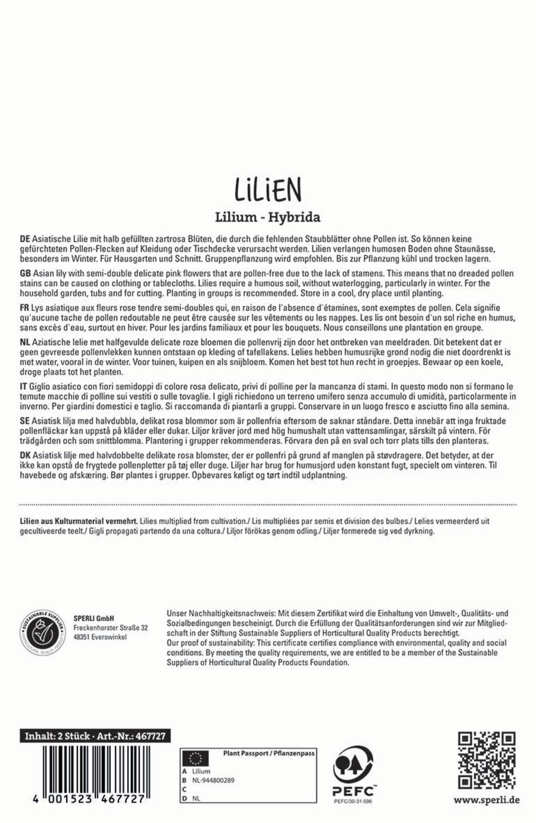 Virághagyma Liliom Elodie 2 db Sperli