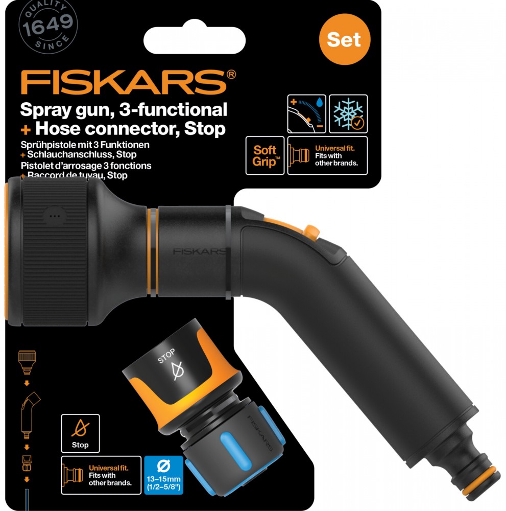 Pištola za zalivanje Comfort, 3 funkcije + priključek za cev CF 13-15 mm, STOP Fiskars