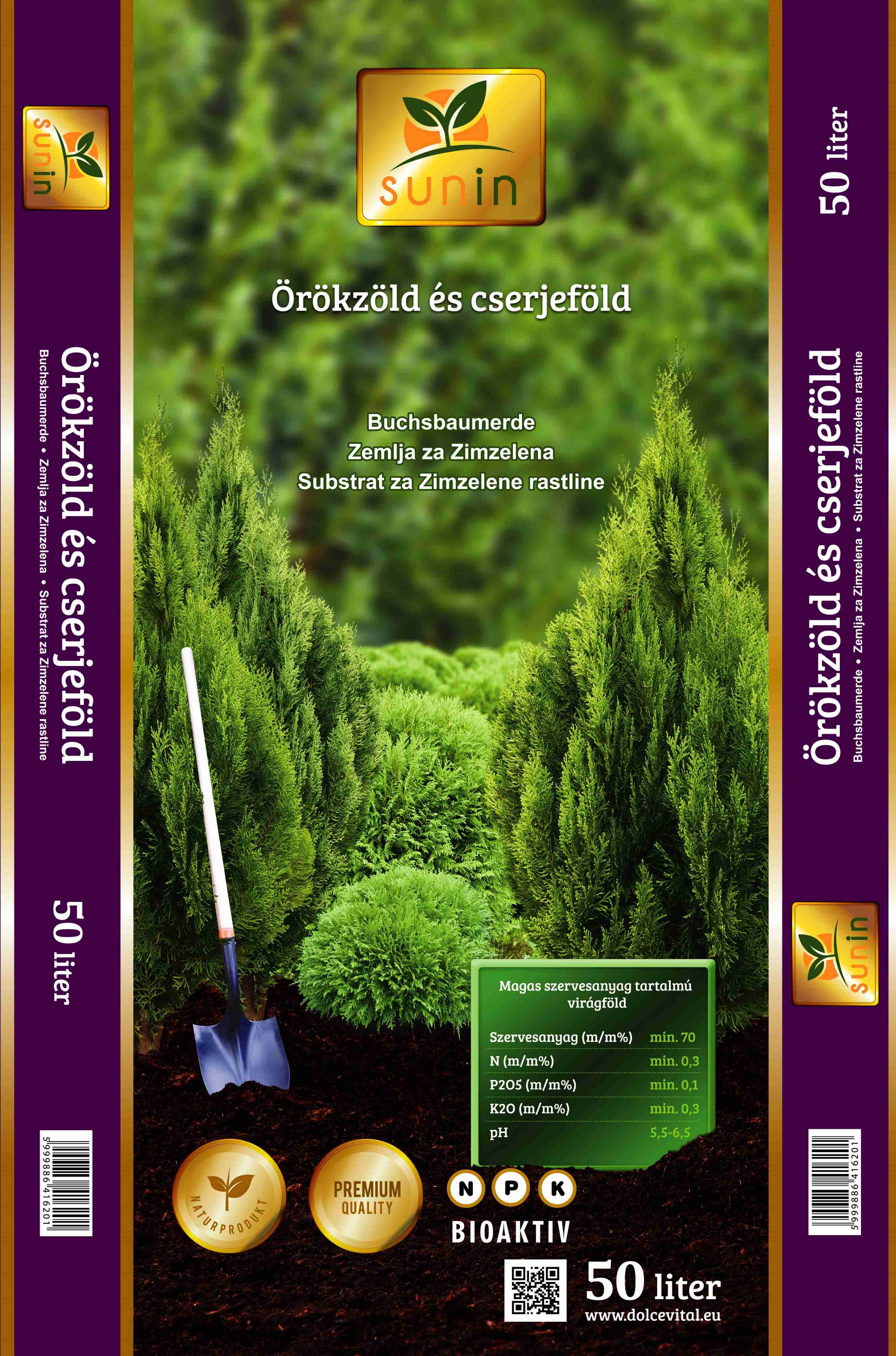 Zemlja za lončnice Zemlja za zimzelene rastline in grmovnice Sunin 50 l