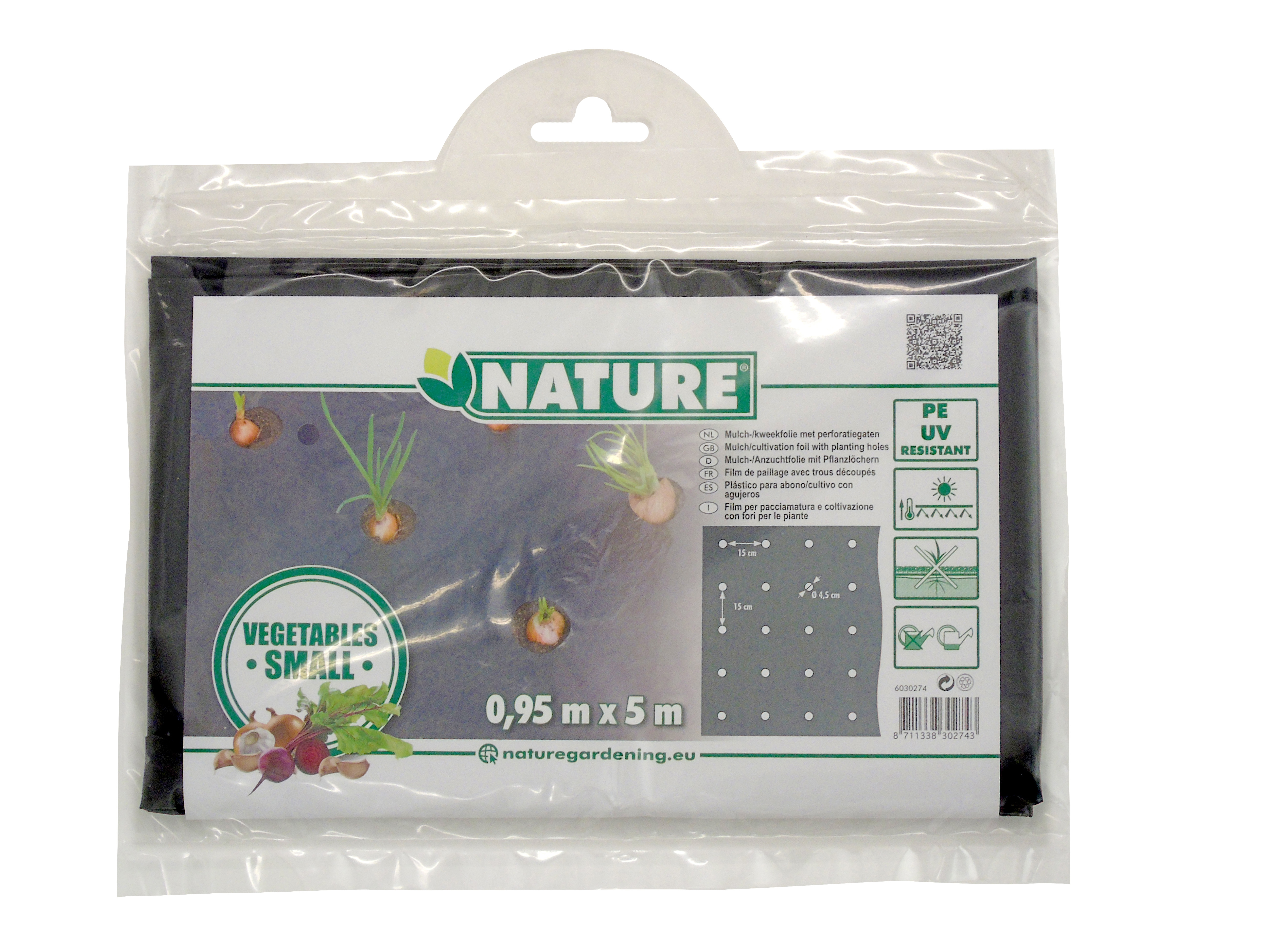 Ovijalna folija za majhne rastline črna 20 mikronov premer 175x45mm z luknjami za sajenje 0,95x5m