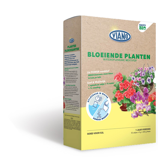 Viano Bio Happy vodotopna organska hrana za cvetoče okrasne rastline 4-3-10+MgO 50x5g