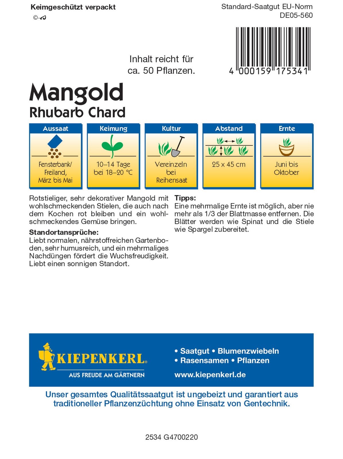 Mangold Rhubarbara Chard Kiepenkerl približno 50 kosov